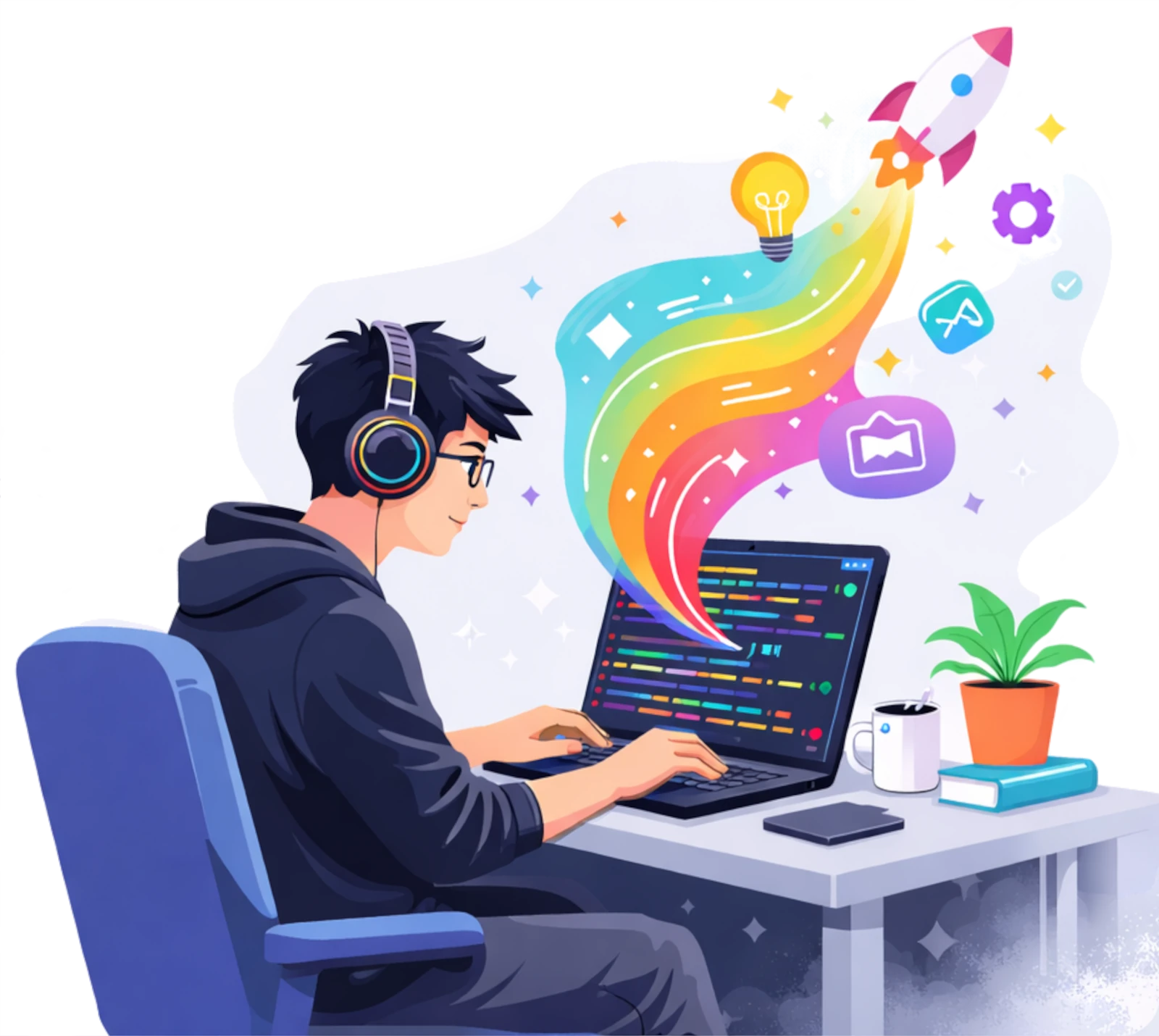 Developer coding with creative ideas